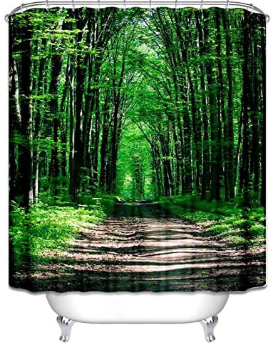 EHOMERY Duschvorhang U Form Ohne Bohren Duschrollo Für Badewanne Ohne Bohren Waldweg Duschvorhango Badewanne Vorhang Polyester Rostfreie Ösen Und 12 Hakenringe, 120X180Cm