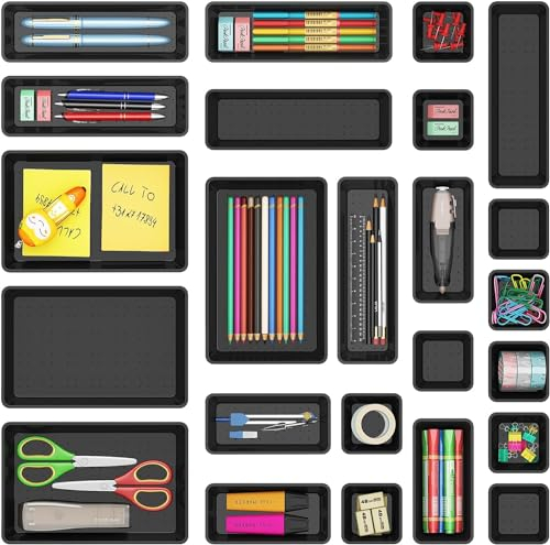 Lifewit 24 Stücke Schubladen Organizer mit 4 Größen, Schminktisch Ordnungssystem, Schwarz Kunststoff Makeup/Badezimmer/Drawer Organizer, Schreibtisch Tabletts für Küchen, Schmuck, Schlafzimmer, Büro