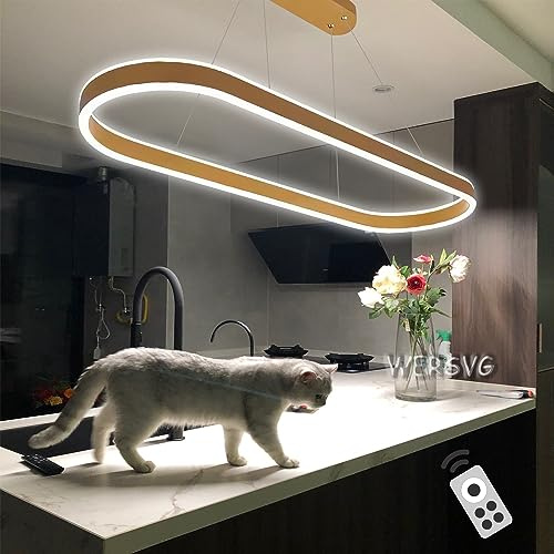 Modern LED Esstisch Pendelleuchte Oval Wohnzimmer Büroleuchter Dimmbar 3500K-6500K Schwarz Esszimmerlampe Pendellampe Hoehenverstellbar, für Restaurants Bars Büros Billardzimmer (gold, L80cm,68W)
