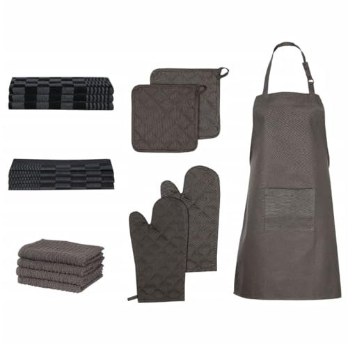 SKM Set Strofinacci 15 pz con Guanti da Forno e Presine Cotone Nero (1,55KG)