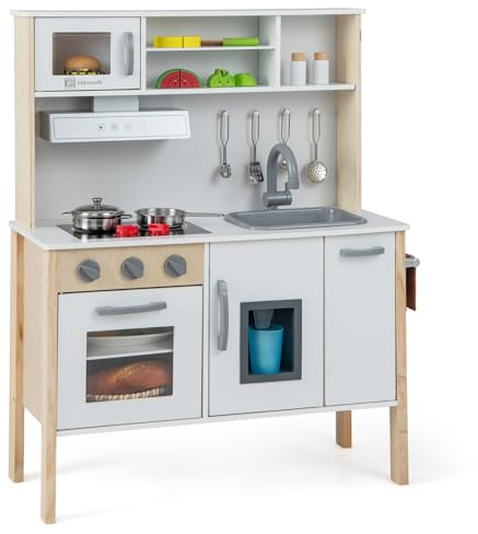 GOPLUS Cuisine Enfant en Bois, Jouet de Cuisine avec Effect Sonore, Évier Amovible, Hotte de Cuisine, Machine à Glaçons, 18 Accessoires Complets, pour Garçons Filles 3-6 Ans (Gris)