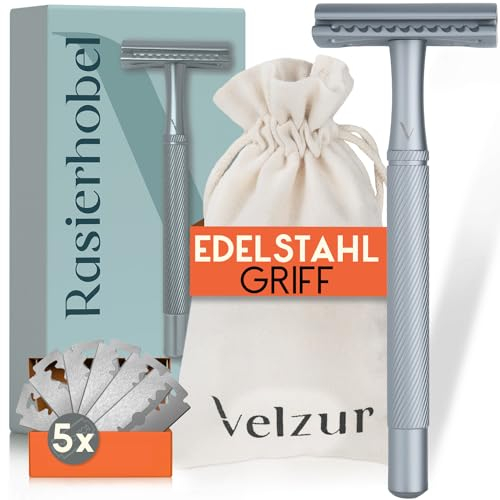 VELZUR® Rasierhobel inkl. 5 Klingen & Reisebeutel - geschütztes Griff-Design aus Edelstahl extra lang & rostfrei - Rasierhobel Set Unisex - 100% plastikfrei - Premium Safety Razor in Betongrau