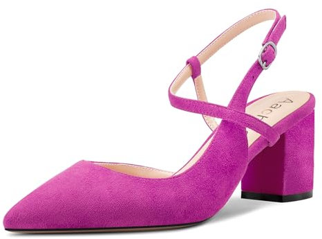 Aachcol Womens Chunky Block Mid Heel Pointed Toe Pumps Court Shoe Ankle Strap Slingback Buckle Prom Dress Basic Classic 6.5 CM Heels Fuchsia 7 UK