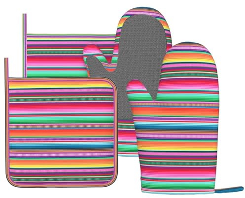 DYCBNESS Juego de manoplas de horno mexicanas de rayas coloridas para ollas, líneas verticales de silicona, colores brillantes, guantes de horno de cocina, resistentes al calor, antideslizantes, 4