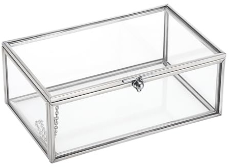 Hipiwe Vintage Glass Keepsake Box Rectangle Jewelry Display Organizer Lidded Box Home Decor Accent Decorative Box for Storage Trinket Rings Bracelet, Silver, Small