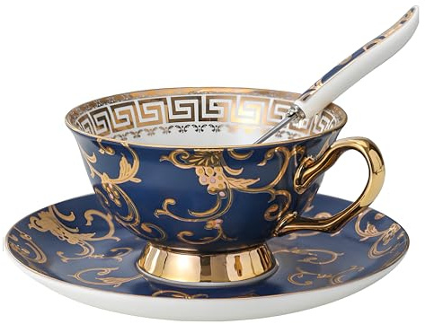 HUAMu Fleurs Tasse à Thé Anglais Café en Porcelaine la Cendre d’Os avec Soucoupe Cuillère