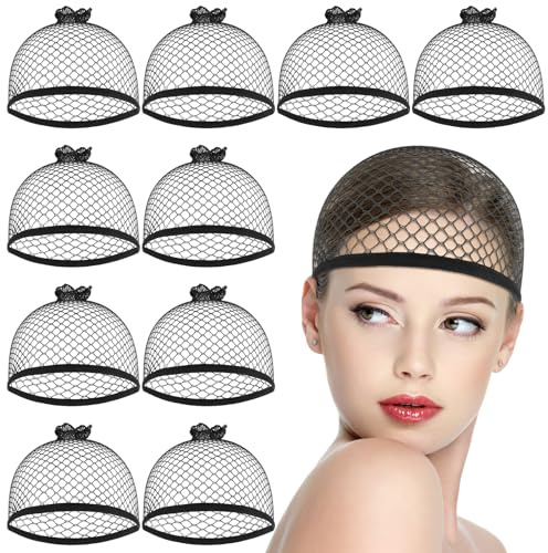 10 Pcs Mesh Wig Caps for Women, Black Wig Cap Net Nylon Hair Net for Lace Front Wigs, Stretchy Open End Hair Mesh Net for Halloween, Cosplay