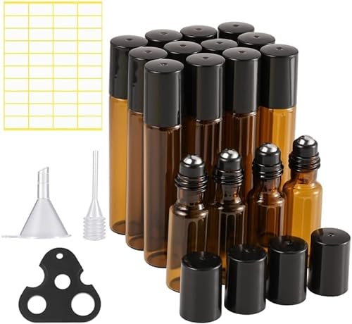 24 Pack Essential Oil Roller Bottles,Empty Rollerball Bottles Amber Glass Bottle with Funnels,Dropper,Stickers,Opener