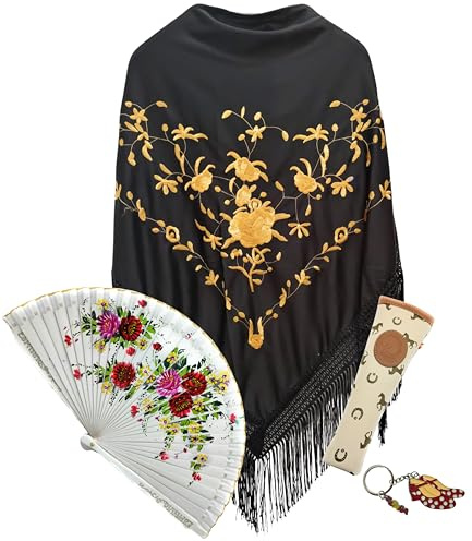 Planta Color Mantón Flores, Abanico de Madera con Flores pintadas a Mano, Funda Artesanal para Abanico Hecha en España y LLavero Estilo Flamenco (ND Blanco Surtido)