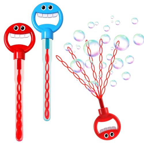 Olfrid Bubble Wand 2 Pack, 36 Hole Smiling Face Bubble Wand for Kids Outdoor Game Toy, 5-Claw Cute Hand-Shape Bubble Sticks for Party Favors, Birthday Gifts, Wedding Gifts (2PCs/Blue+Red)