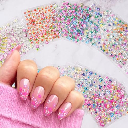 Mezrkuwr 30 feuilles de cerisier marguerite autocollant ongles, avec le cœur et les fleurs de ruban autocollant 3D design ongles pour la décoration de manucure