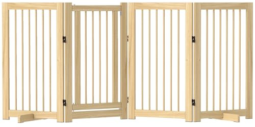 PawHut Absperrgitter Hund Hundegitter Freistehend 220 x 91 cm Naturholz | Mit Füßen, Holz, Treppenschutzgitter, Türschutzgitter, Treppengitter, Für Treppen Türen Küche Flur, 4 Paneelen