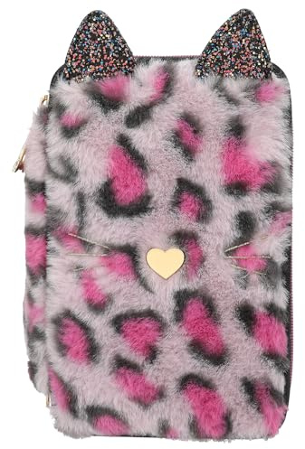 Depesche 13020 TOPModel Rebel Kitty - Gefüllte 3-Fach Federtasche mit Leo-Fell in Lila-Schwarz und Katzenohren, Federmappe mit Buntstiften, Lineal, Schere uvm.
