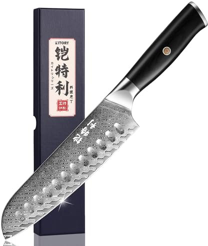 Kitory Kochmesser Santoku Messer Damaskus Edelstahl 73 Lagen Küchenmesser Damastmesser 17 cm Klinge Aus 10Cr15CoMoV Stahl mit Pakkaholz-Griff