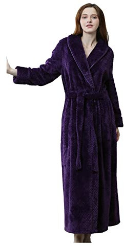 Waffel-Bademäntel für Damen, langer Morgenmantel für Damen, Fleece-Schlafanzug mit Taschen und Gürtel, Plüsch-Bademantel, Winter-Bademantel, m, bequem, Loungewear, einfarbig, langärmeliger
