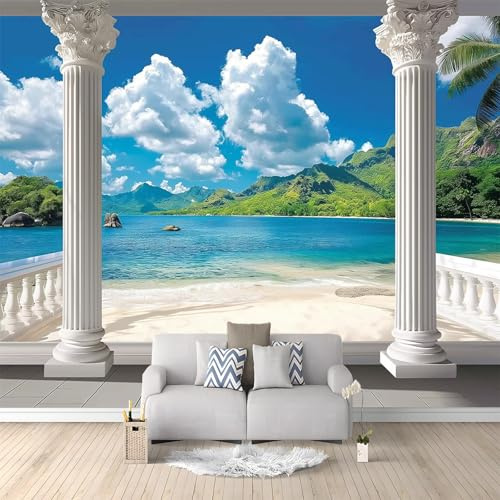 Paesaggio Spiaggia Vista Sul Mare Carta da Parati Fotografica 300x210 cm Blu Design per Pareti Camera - Fotomurale Tessuto Non Tessuto Colla Non Inclusa