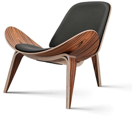 Mid Century Modern Shell Lounge Chair, PU Leather, Tripod Plywood Classic Design Solid Wood Accent Chairs for Living Room, Reading, Lounge, Office, Salon