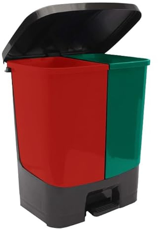 Plastic Twin Bin - Dual Compartment 37L Recycling Bin (2x 18.5L) with Foot Pedal Waste & Recycling Separation Trash Can Recycle Bin Removable Inner Buckets for Home, Kitchen, Office (Red & Green)