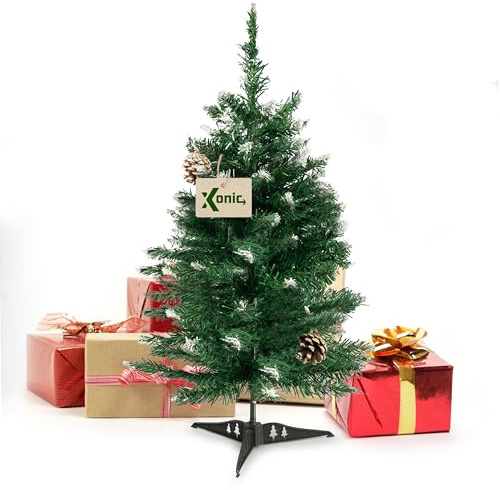 Xonic® Claus Kleiner künstlicher Weihnachtsbaum Schnee 60cm mit echten Tannenzapfen - Tannenbaum künstlich beschneit - Tischbaum Dekobaum Christmas Tree