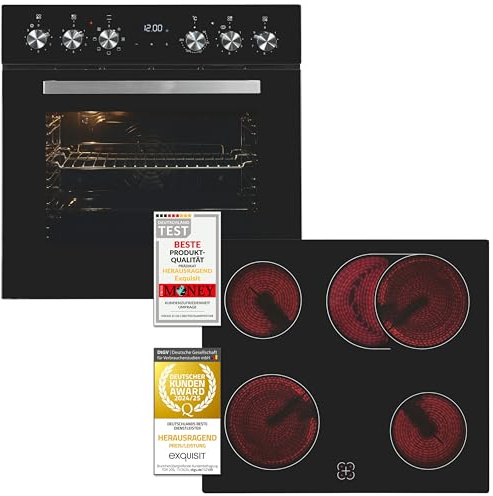 Exquisit Juego de cocina empotrable EHE157-UBZ-020, color negro, 59 l de capacidad, 7 programas de horneado, placa de cocción con marco, parrilla, recirculación, clase energética A