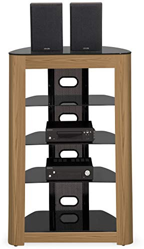 Homeology ZINNIA 5-Tier Oak Fascia and Black Glass Shelves Multimedia Stand Entertainment Unit AV Rack