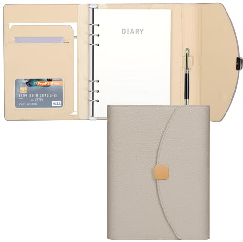 FYY A5 Ringbuch, PU Leder 6 Ringe Notizbuch, Tagebuch Journal mit Nachfüllbar Liniert Papier 100 Blätter/200 Seiten, Organizer Planer für Schule, Büro, Schreiben Khaki
