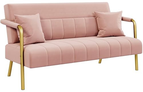Yaheetech Polstersofa mit Armlehnen & Beine aus Metall Modernes Zweisitzer-Sofa mit 2 Lendenkissen Loveseat fürs fürs Wohnzimmer, Heimbüro Rosa