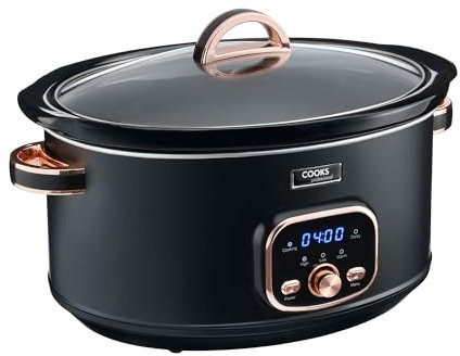 Cooks Professional Digital Slow Cooker 6.5L with Glass Lid, Cool Touch Handles, Dishwasher Safe Bowl, 2 Heat Settings & Keep Warm & Delay Functions | Large One Pot Cooking Machine | Black & Rose Gold