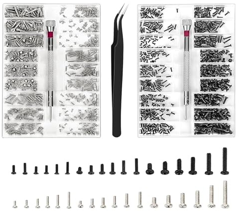 HAFRILY Lot de 1000 petites vis M1.2 M1.4 M2 avec tournevis, pincette, vis pour branches de lunettes, horlogerie, souris, ordinateur portable (L+N)