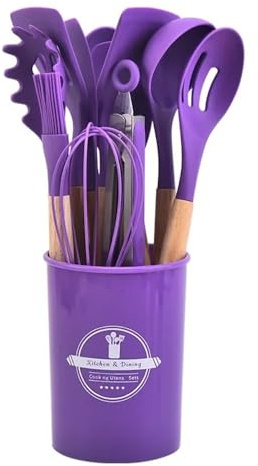 Juego de 12 utensilios de cocina de silicona con mango de madera antiadherente, cubo de almacenamiento, utensilios de cocina de silicona (morado, 12 piezas)