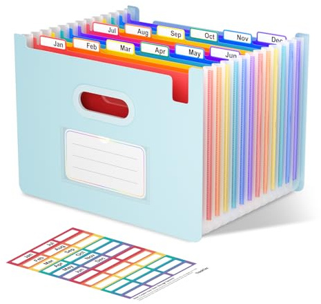ThinkTex dokumentmapp A4, 12 fack sorteringsmapp fackmapp filorganisatör, upprätt och ovan, öppen dragspelsmapp bärbar sorteringsmapp för hem eller kontor dokument – morandiblå