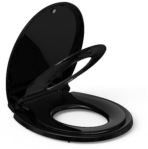 Round Toilet Seat Soft Close 19'' with Toddler Seat Built In, Potty Training Toilet Seat Round Fits Both Adult and Child, with Slow Close and Magnets, Easy Installation & Release- Black