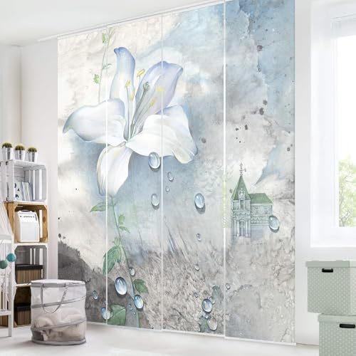micasia Schiebegardine halbtransparent 60er Paneel Klett Blumen Textil lichtdurchlässig - Motiv Modern Flächenvorhang Wohnzimmer Schlafzimmer 1694 (240x250 cm - 4er Set)