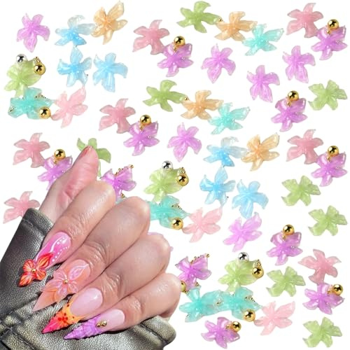 3D Flower Nail Charms, 100 Pcs Colorful Summer Hibiscus Hawaii Flower Nail Rhinestones Gems Clear Resin Lily Floral Nail Art Studs for Manicure Designs DIY Crafts Scrapbooking (Multi-Colored D)