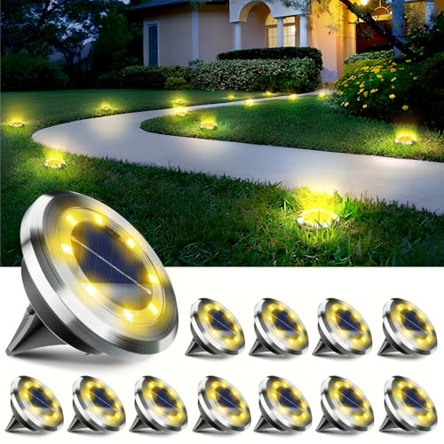 Anordsem Solar Lights Outdoor Garden: 12 Pack Stainless Steels 8 LED Ground Light - Waterproof Warm Disk Lighting for Yard Path Lawn - Gardening Decorations Gifts for Christmas Decorations