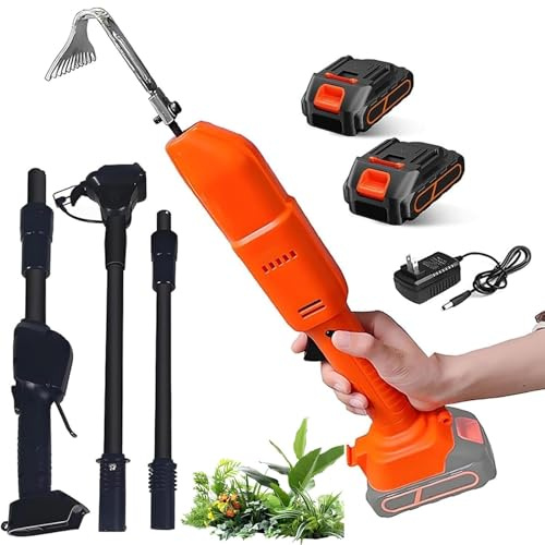 Bineuse et désherbeuse électrique, Outil de Jardinage sans Fil avec Batterie au Lithium Rechargeable et Perche télescopique, houe à Creuser portative et râteau for ameublir Le Sol(2 Batteries)