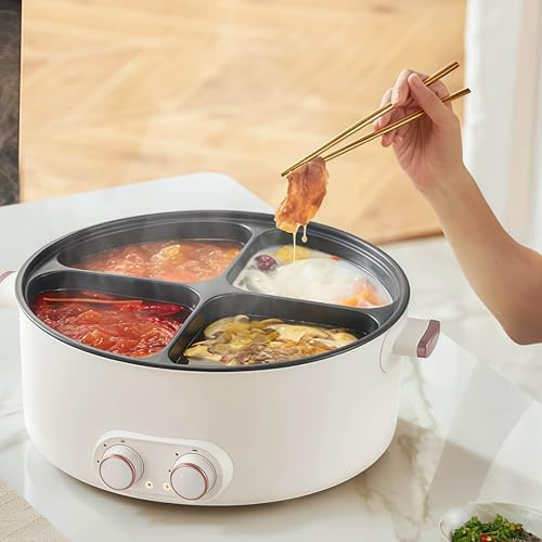 BESTXH Pentola Elettrica A 4 Scomparti, Pentola Elettrica Integrata, Pentola Elettrica per Uso Domestico da 6 Litri, Pentola Elettrica Multifunzione, per Persone Sempre Indaffarate,Bianca