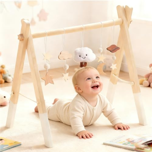 Beafaoo Montessori Spielbogen Baby Holz mit 5 Abnehmbaren Sensorischen Spielzeugen, HöHenverstellbarer Spielebogen Babies Holz, ab 0 Monaten Neugeborenes Baby Geschenk