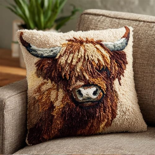 ZUHK 3D DIY Latch Hook Kits -17x17 Inch with Colorful Printed Canvas,Beginners Animals Latch Hook Pillow Kit,fit for Christmas, Halloween,Home Sofa Decoration (Cow)