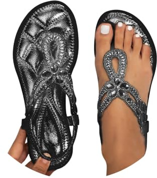 Damer fuskläder öppen tå T-stång diamant ädelsten platta sommarsandaler vardaglig lätt dra på rutschkana platåtofflor strand semester väsentlig sommar eleganta mjuka sulor halkfria sandaler, Bsvart
