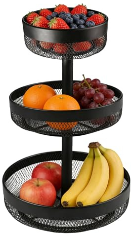 Frutero con 3 Niveles Metal, Fruteros de Cocina Negro Redondo Frutero para Mesa de Comedor para Ordenar y Organizar Frutas, Verduras, Pan y Aperitivos en La Cocina y Salón