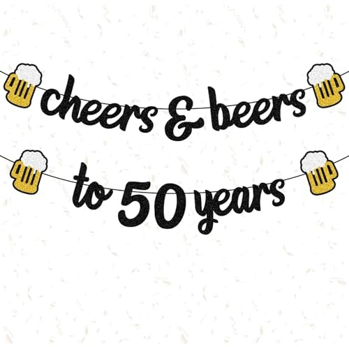 Ovanda 50 Geburtstag Deko, Glitzer Schwarzes Gold 50 Geburtstag Girlande, Cheers & Beers to 50 Years, 50. Geburtstag Banner Deko, Glitzer Schwarzes Gold Girlande Mann Frau Deko
