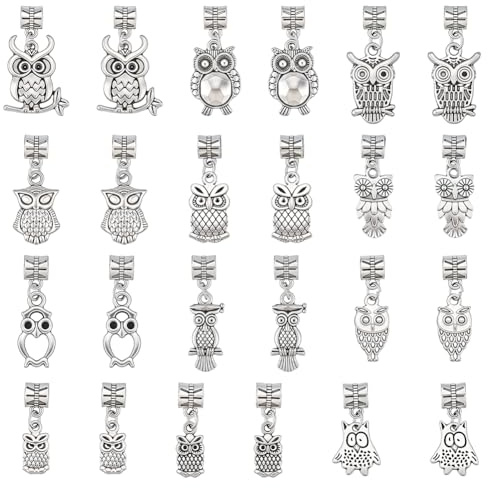 CRAFTYMELODY 50 Stück Eulen Anhänger Antik Silber Eule Anhänger Metall Europäischer Stil Große Loch Eulen Tier Charm