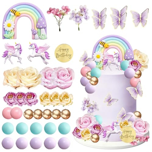 Decoración para Tartas Cumpleaños Unicornio, Decoración de Pastel con 3D Unicornio,Mariposas,Flores, Bolas y Arcoiris, para Fiestas Cumpleaños Infantiles y Baby Showers (B)
