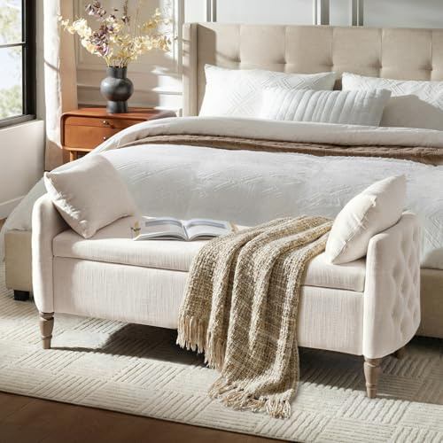 HULALA HOME Large Ottoman Storage Bench with Solid Wood Spool Legs, Ivory | 150 cm End of Bed Bench with Lift-Top Storage, Padded Seat, 2 Pillows, Button-Tufted for Bedroom, Living Room or Entryway