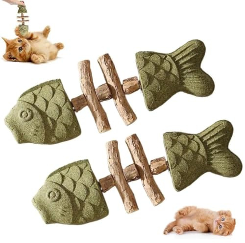 FiTspi Silvervine - Bastoncini da masticare per gatti, 2 pezzi, per la pulizia dei denti del gatto, a forma di lisca di pesce, in legno, resistenti ai morsi, bastoncini di erba gatta naturale per