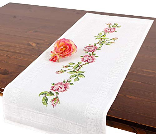 Bordsdukshop 24 broderiset rosa rosor, komplett bordslöpare-set, handarbete broderiset för vuxna, korsstygnsbroderi