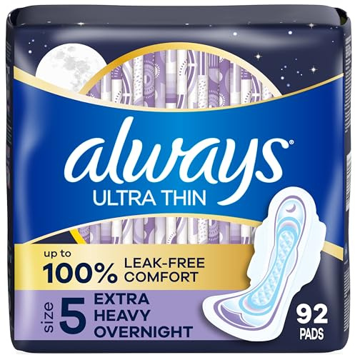 Always Ultra Thin Overnight Pads, Size 5, Extra Heavy Overnight, Unscented, 92 Count (2 Packs of 46)