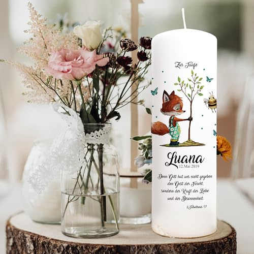 ilka parey Taufkerze Mädchen | Junge personalisiert - Kerze zur Taufe oder Geburt - Kommunionskerze - Fuchs mit Baum - Wunschname mit Spruch - Personalisiertes Taufgeschenk - (wk116)