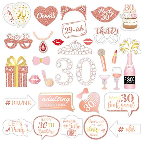 Qpout Rose Gold 30 Geburtstag Foto Requisiten (32Stück), Geburtstagsfeier lustige Fotorequisiten für Frauen 30. Geburtstag Party Photo Booth Props Dekoration Accessoires, mit Bambusstöcken&Aufkleber
